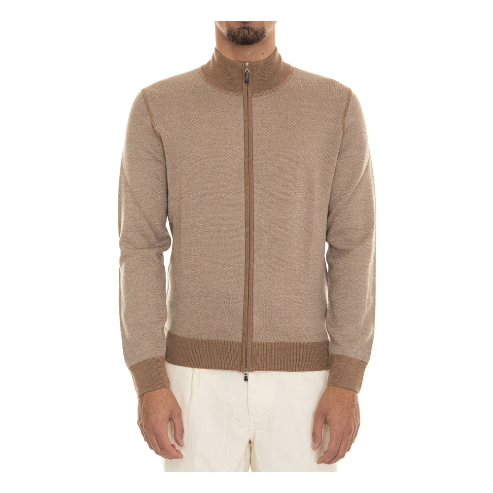 Gran Sasso Merino Wol Zip Cardigan met Contrastdetails Brown Heren