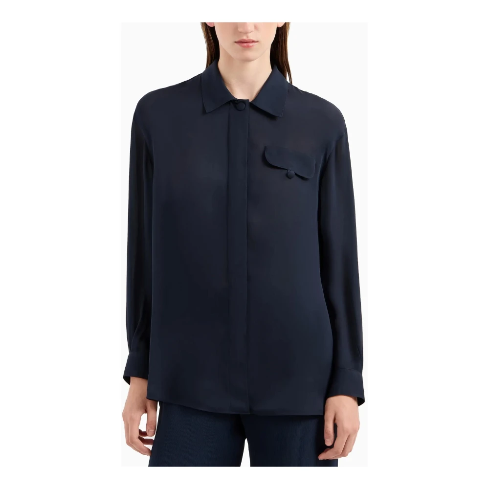 Emporio Armani Blauwe Zijden Georgette Klassieke Kraag Shirt Blue Dames