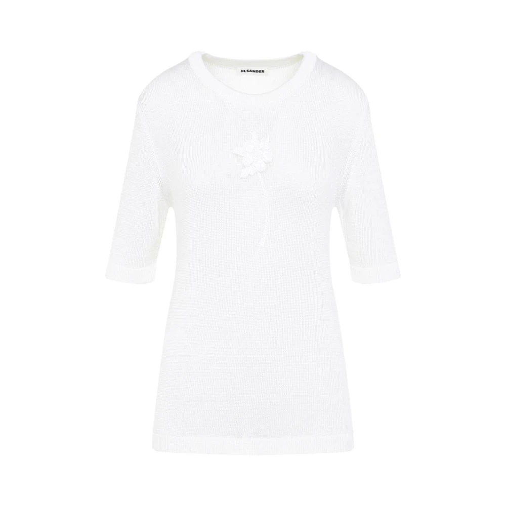 Jil Sander Vit Våffelvirkad Topp Med Rund Hals Och Blomapplikation