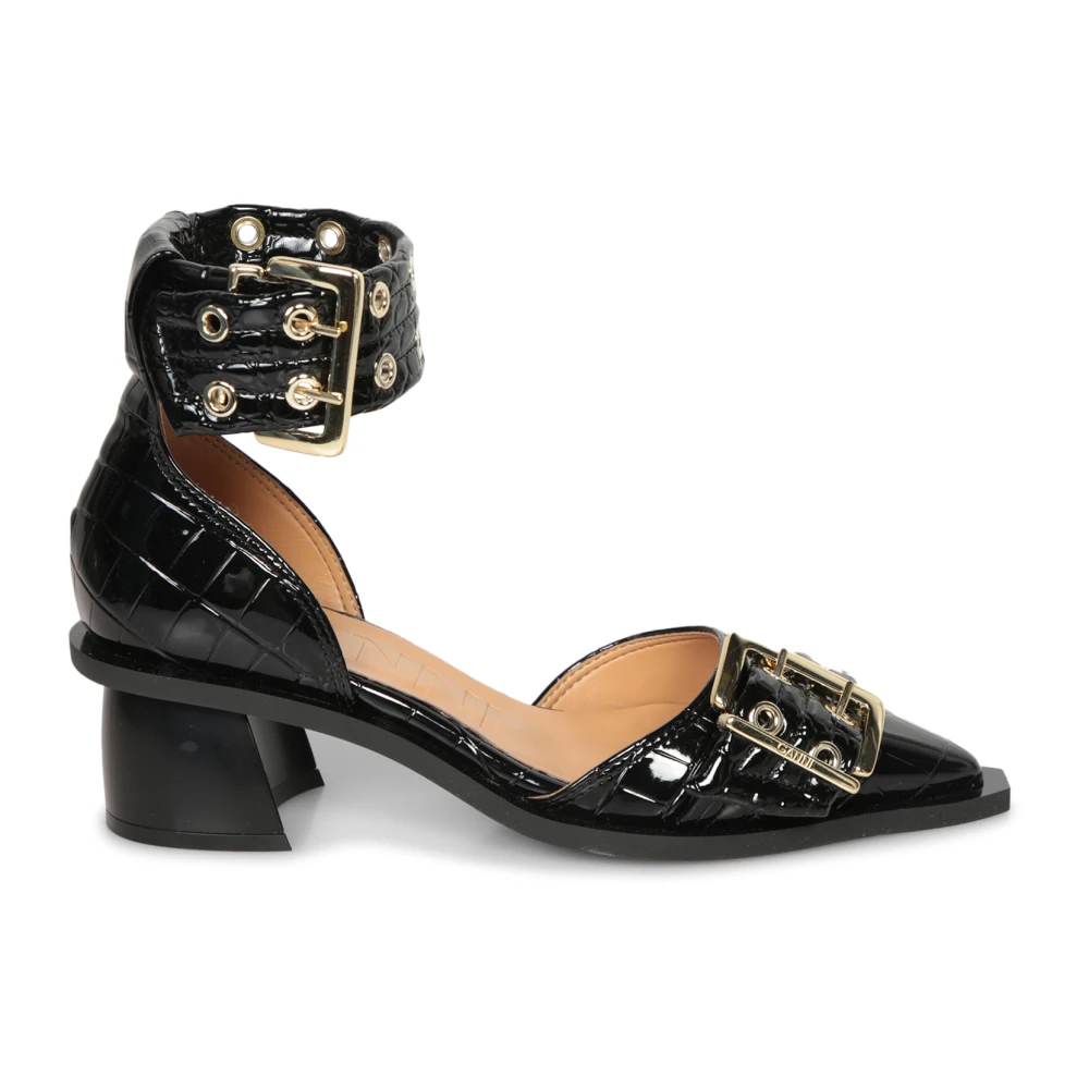 Ganni Women's Black Ballerina Buckle Croco Sandals