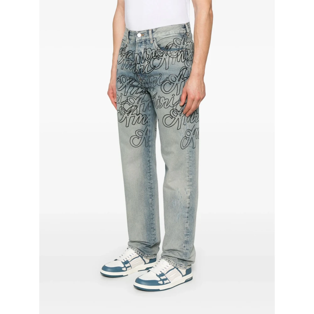 Amiri Blauwe All-Over Print Distressed Jeans Blue Heren