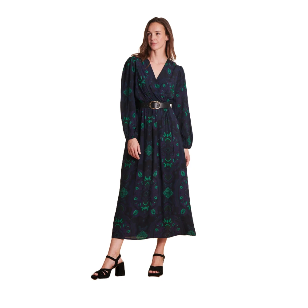 La Fée Maraboutée Blauw en groen bedrukte wikkeljurk Blue Dames