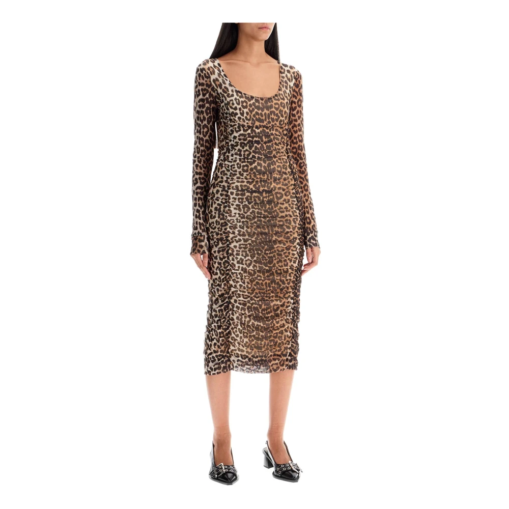 Ganni Luipaardprint Mesh Midi Jurk Multicolor Dames