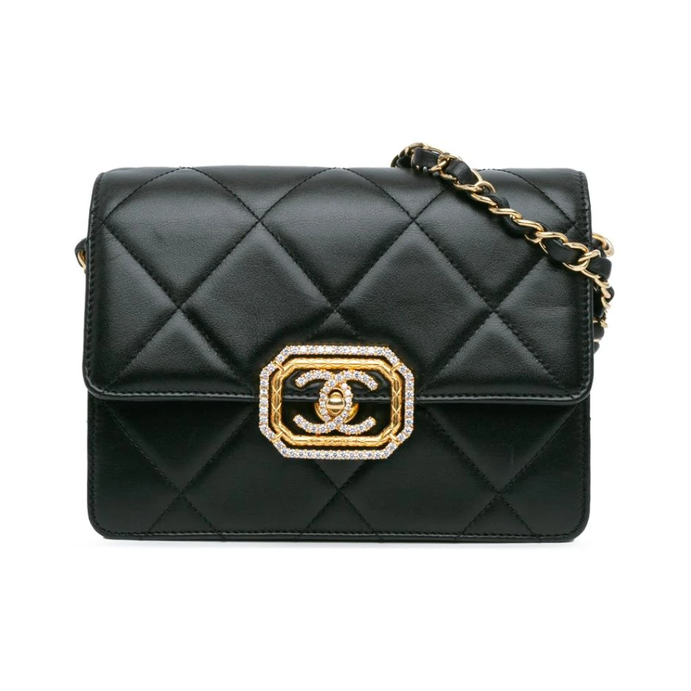 Chanel Vintage Women's Black Pre-Owned Quilted Leather Flap Chain Shoulder Bag With Jeweled Embellishment