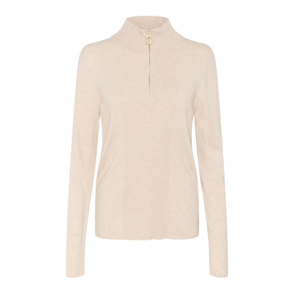 Cream Hög Hals Pullover Stickad Havre Melange Beige, Dam