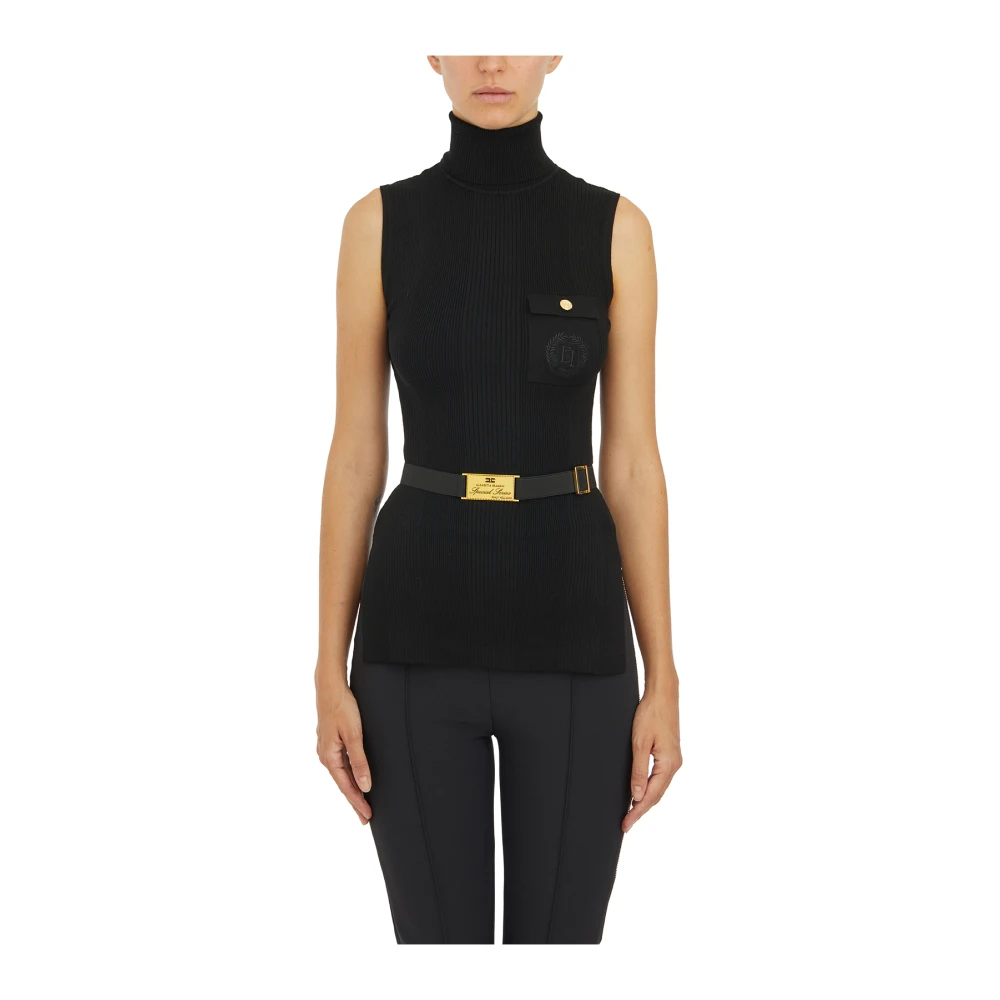 Elisabetta Franchi Women's Black Sleeveless Tops, 2XL, Ribbed Dolcevita Top