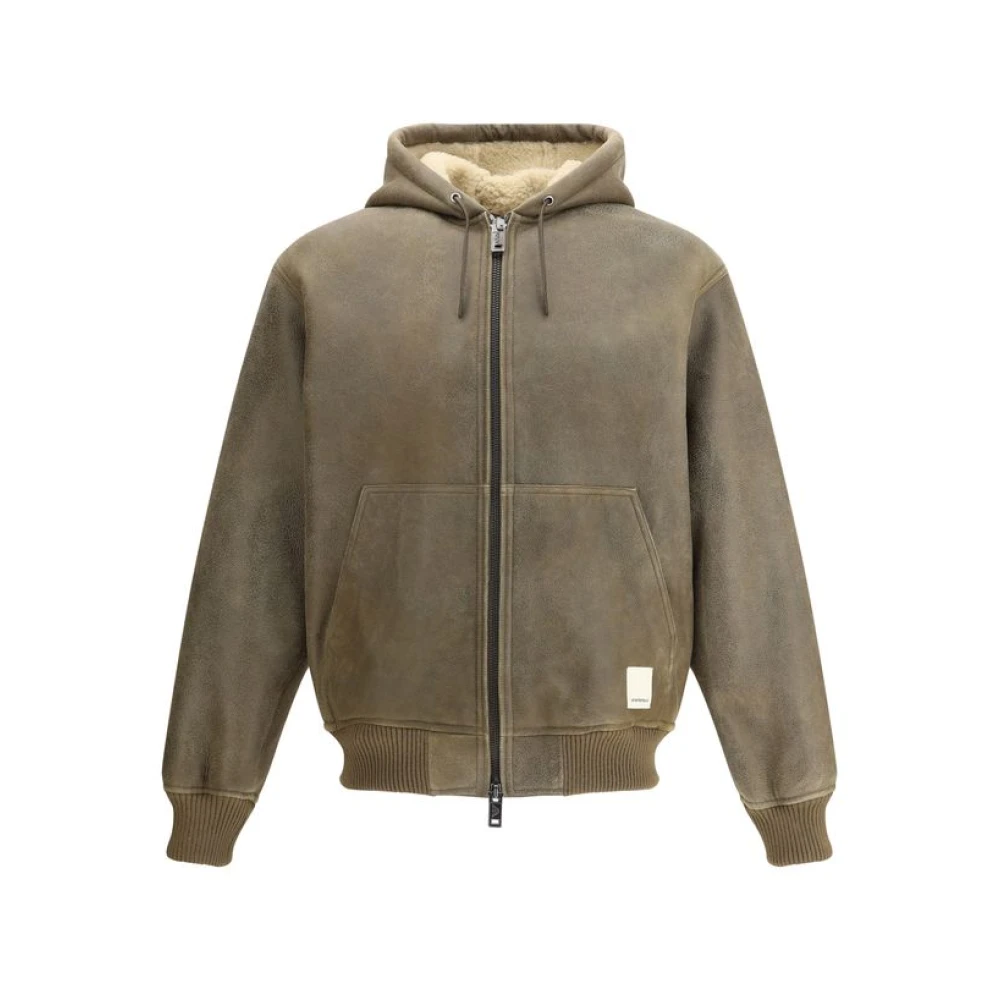 Emporio Armani Men's Brown Leather Bomber Jacket With Hood