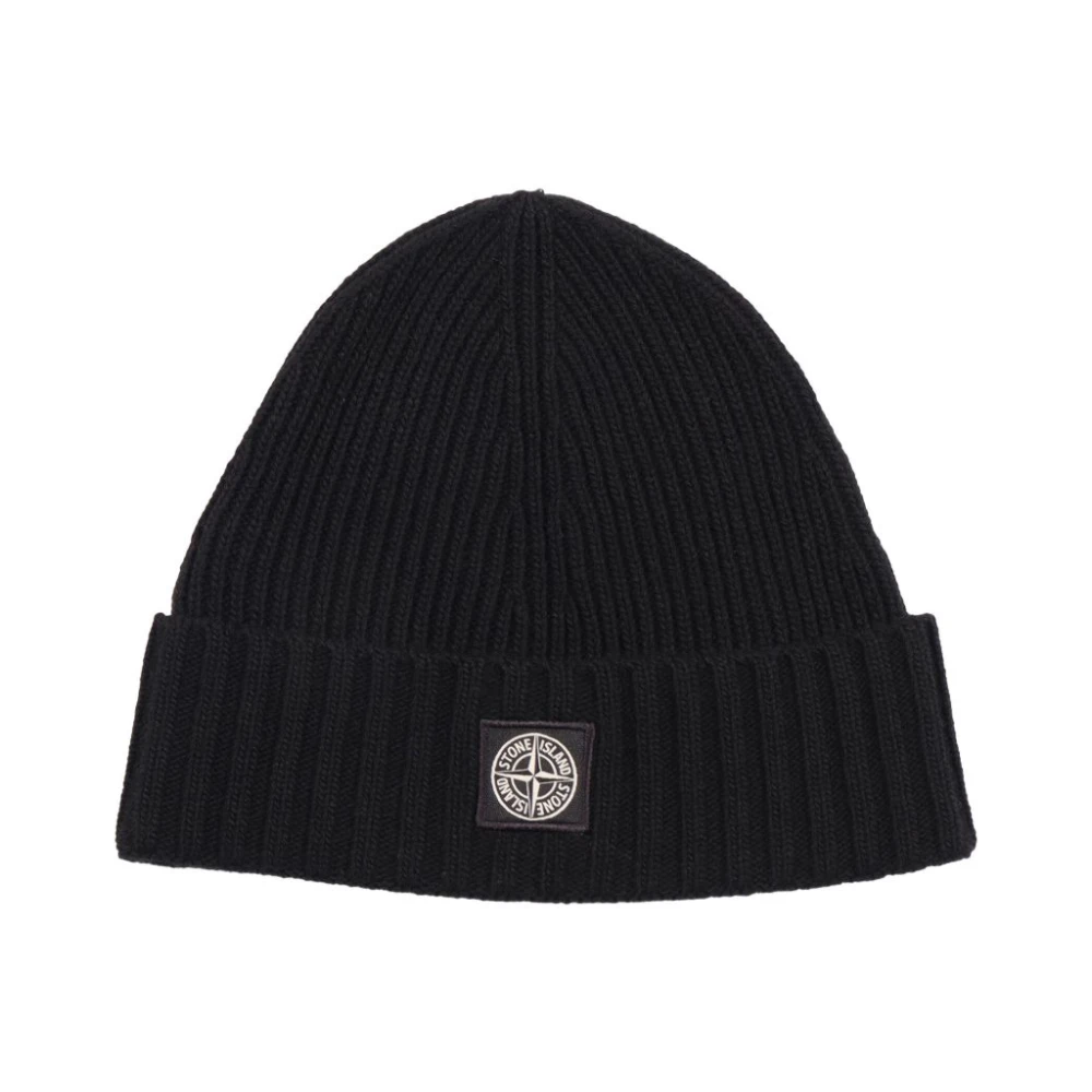 Stone Island Black Hats & Caps, Male, M, Beanie With Compass Logo Patch
