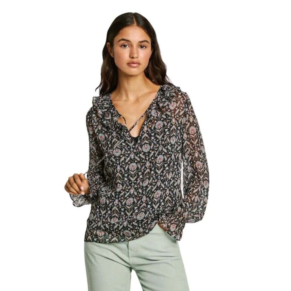 Pepe Jeans Bloemen Ruche Blouse met Sleutelgat Halslijn Gray Dames