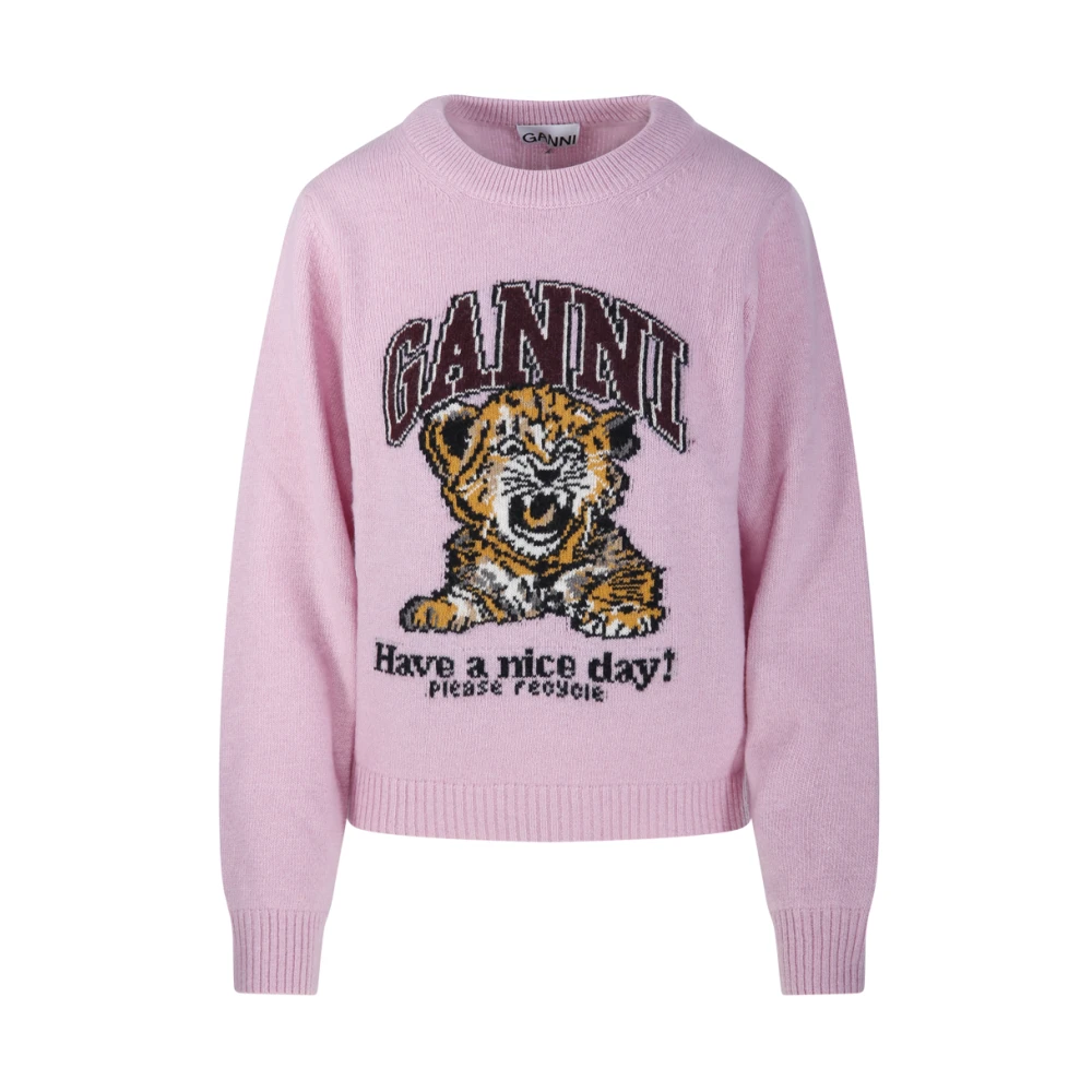 Ganni Women's Pink Round-Neck Knitwear, S, Graphic Wool Jumper