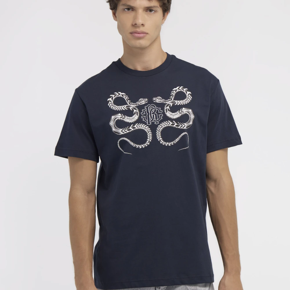 Roberto Cavalli T-shirt met slangenprint Blue Heren