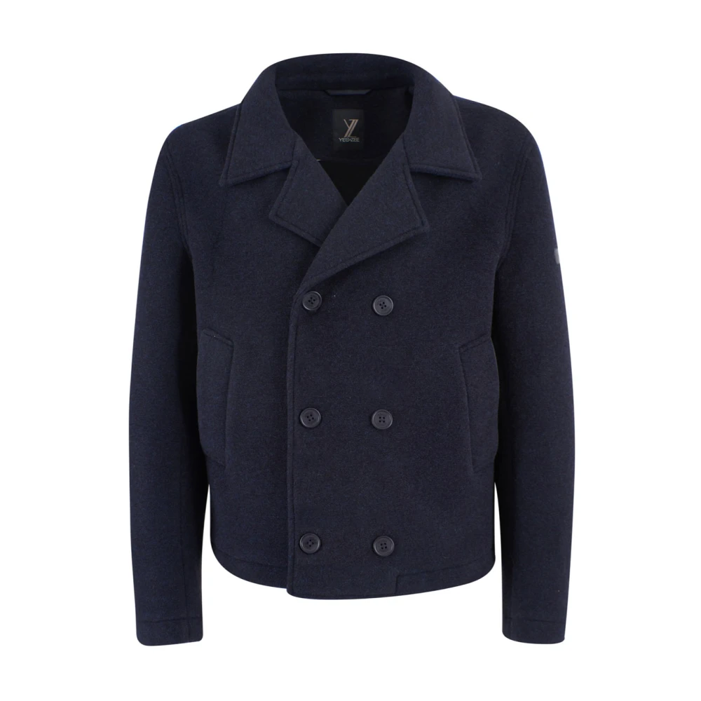 YES ZEE Blauwe Wollen Blend Double-Breasted Jas Blue Heren
