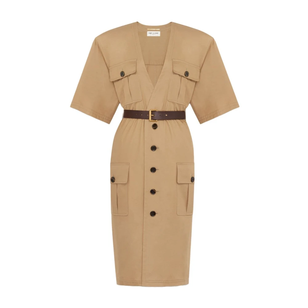 Saint Laurent Beige Katoenen Jurk met V-hals Beige Dames