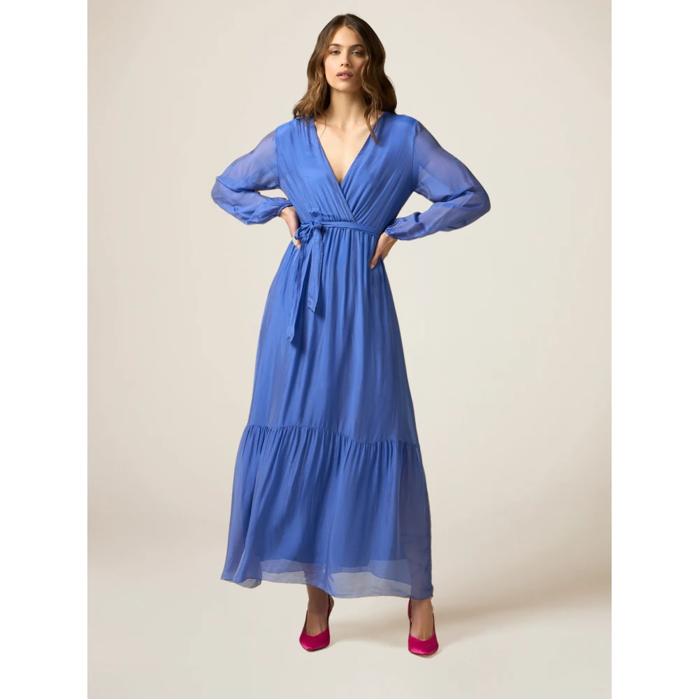 Oltre Zijde Blend Gekruiste V-hals Maxi Jurk Blue Dames