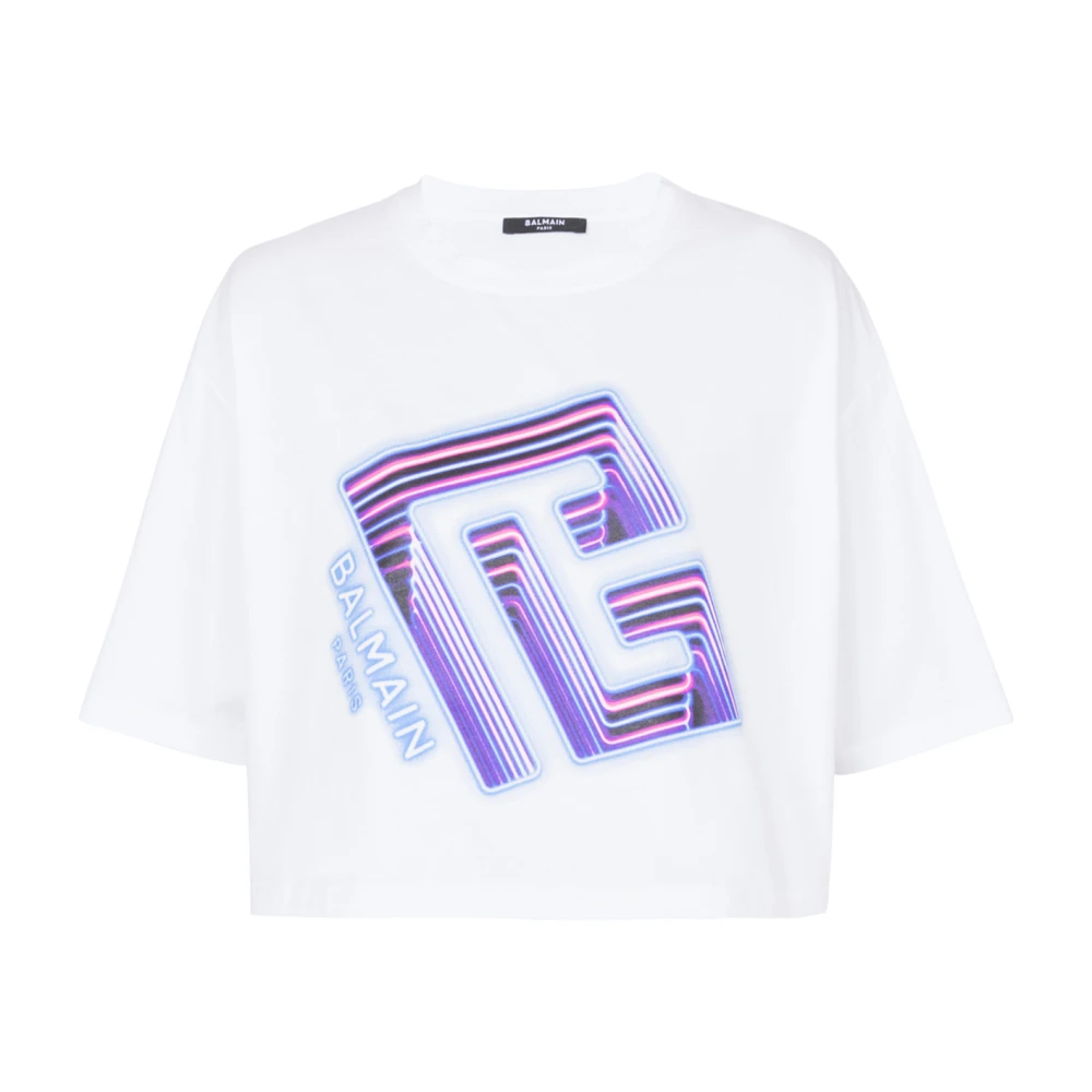 Balmain Cropped T-shirt med neonfärgad labyrintlogga White, Dam