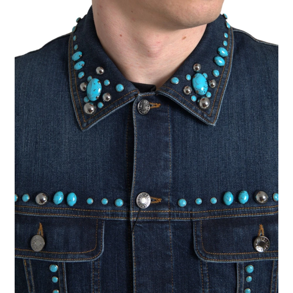 Dolce & Gabbana Turquoise Denim Jack met Versieringen Blue Heren