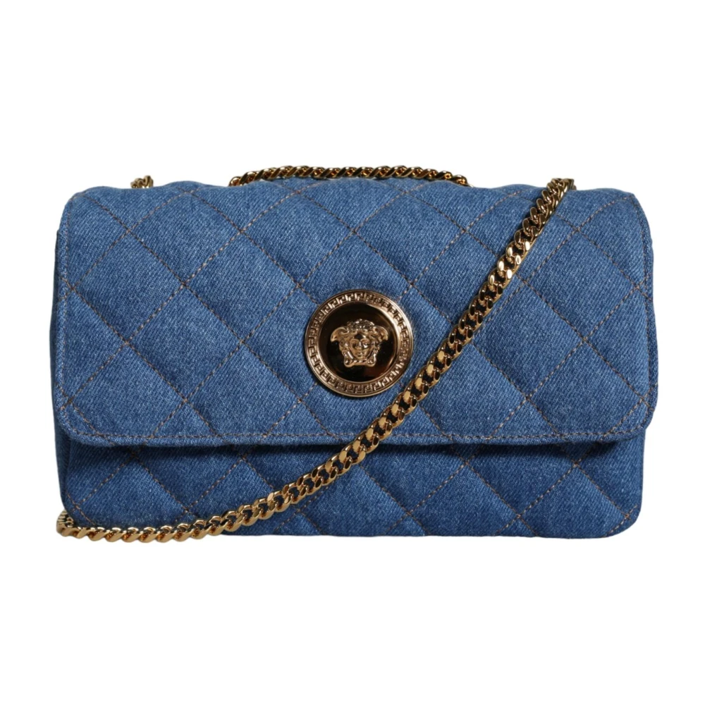 Versace Gewatteerde Denim Leren Crossbody Tas Blue Dames