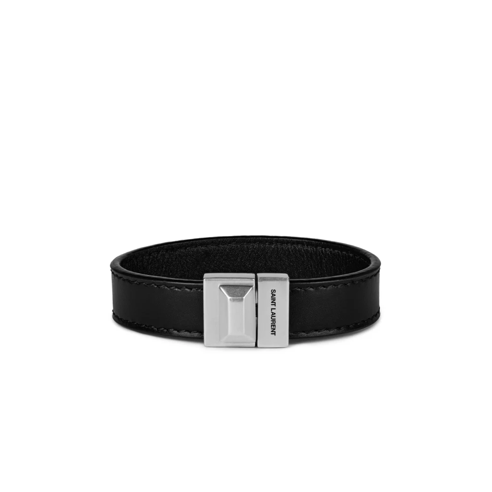 Saint Laurent Men's Black Bracelets, M, Engraved Logo Leather Bracelet
