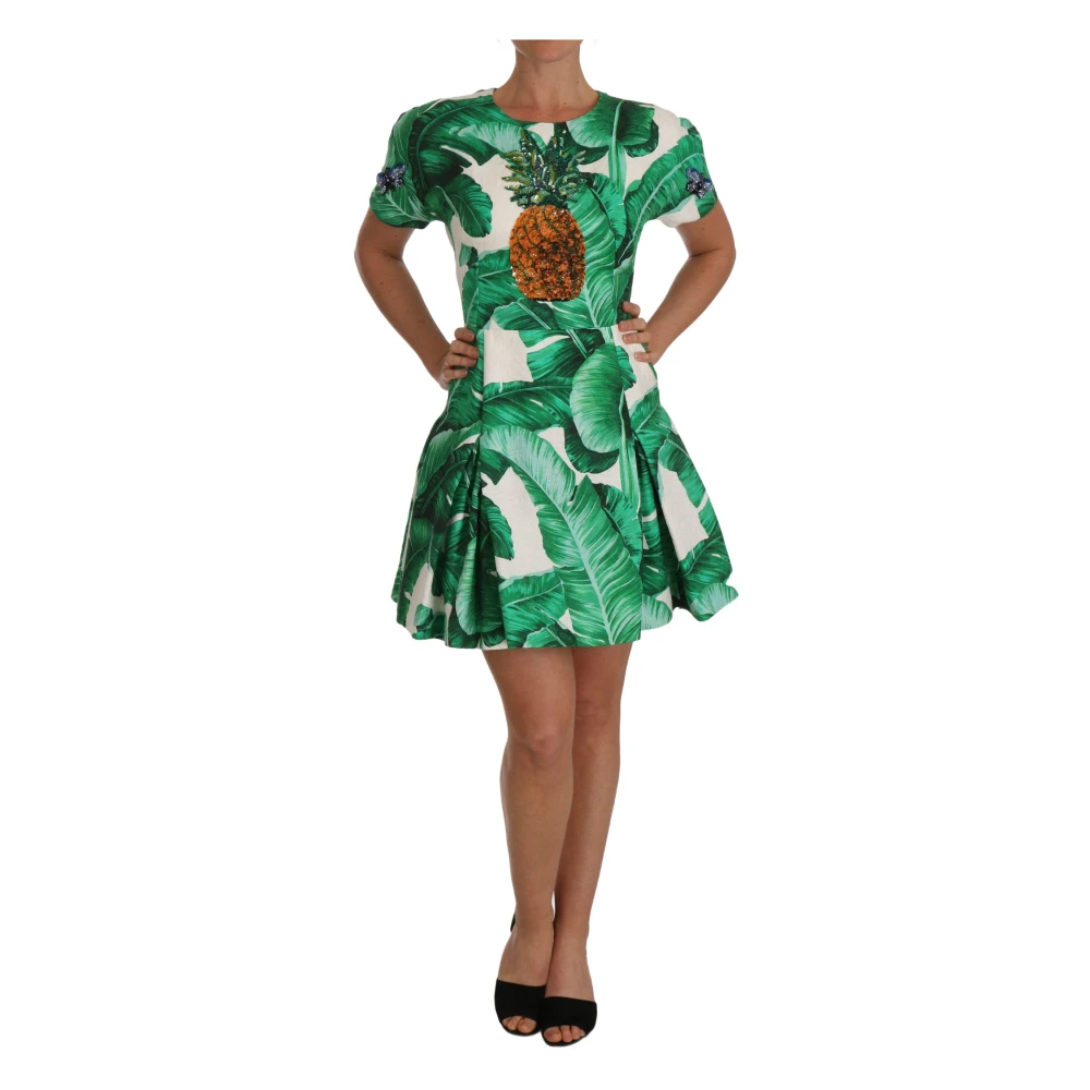 Dolce & Gabbana , Short Dresses, Female, Green, 2XS, Elegant Green Banana Leaf A-Line Dress