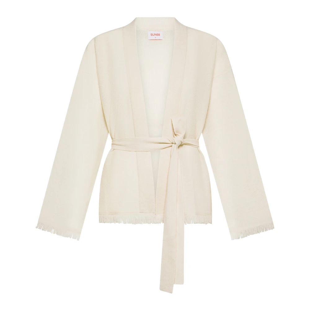 Sun68 Women's White Cardigans, Xl, Long Cardigan Fringes L/S