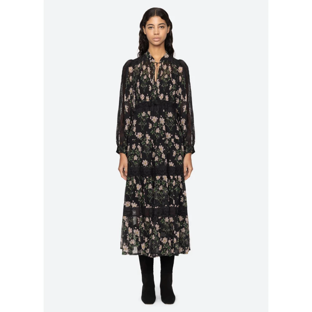 Sea NY Bloemenprint Midi Jurk met Kantinzetten Black Dames