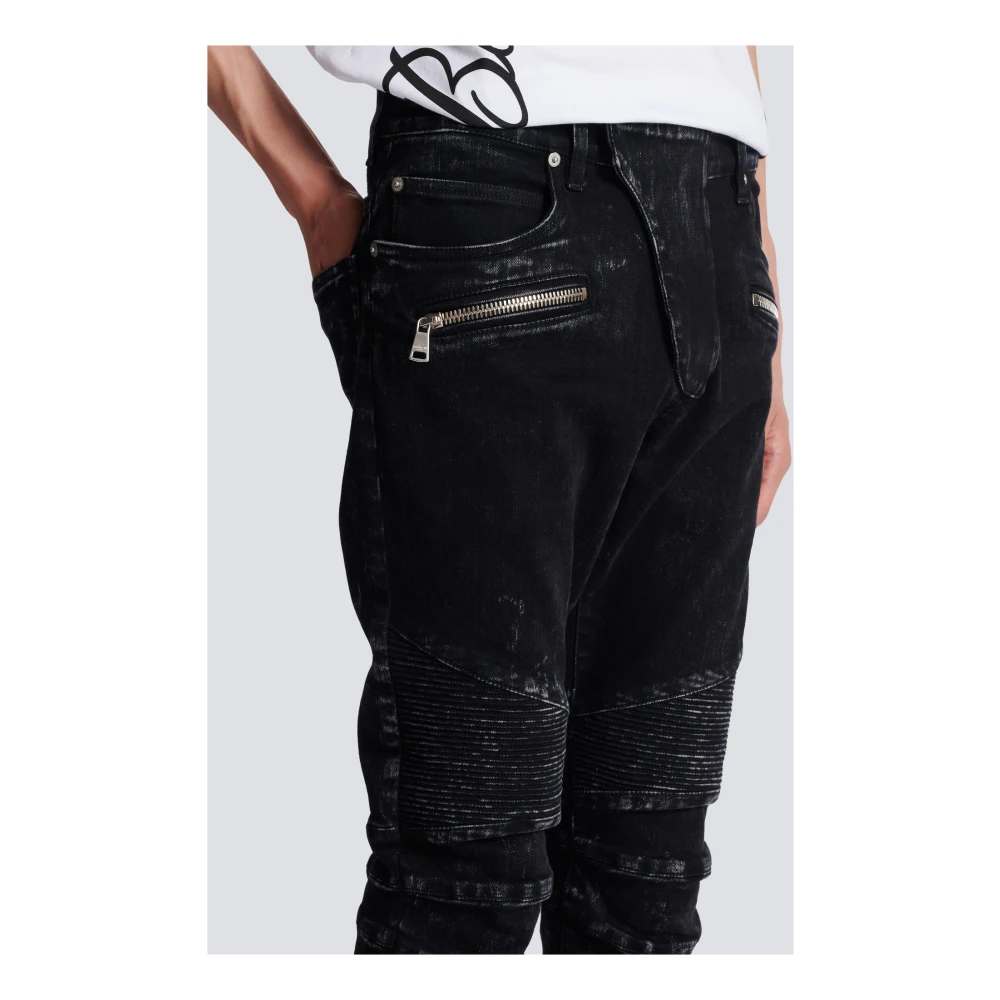 Balmain Slim-fit denim jeans met geribbelde details Black Heren