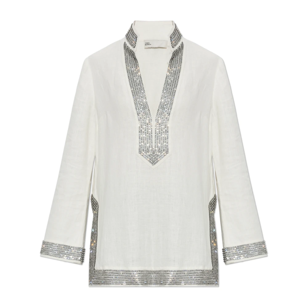 Tory Burch Tunics, Female, M, Embellished Linen Tunic White
