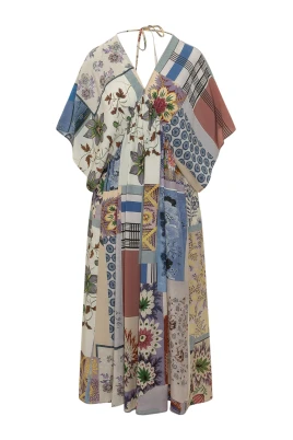 Chine Blommig Patchwork Midiklänning