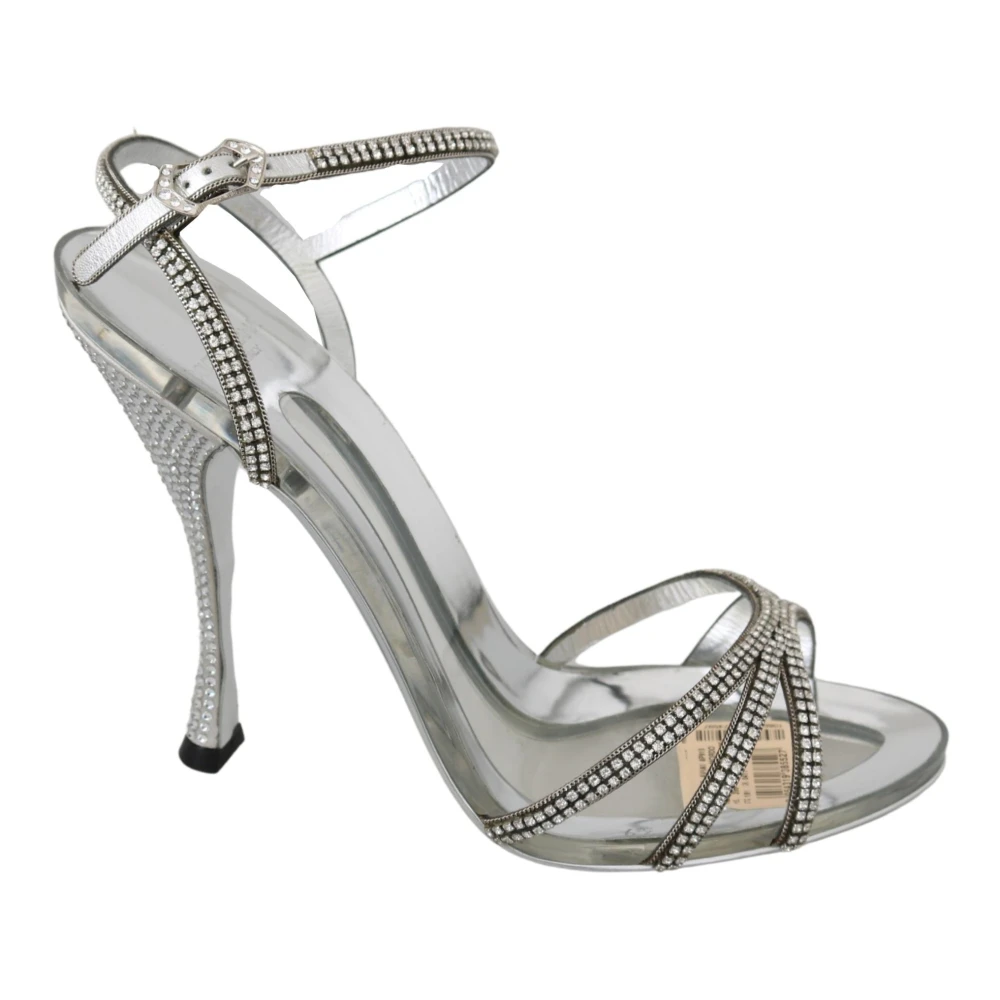 Dolce & Gabbana , High Heel Sandals, Female, Gray, 6 Uk, Crystal Embellished Silver Ankle-Strap Sandals