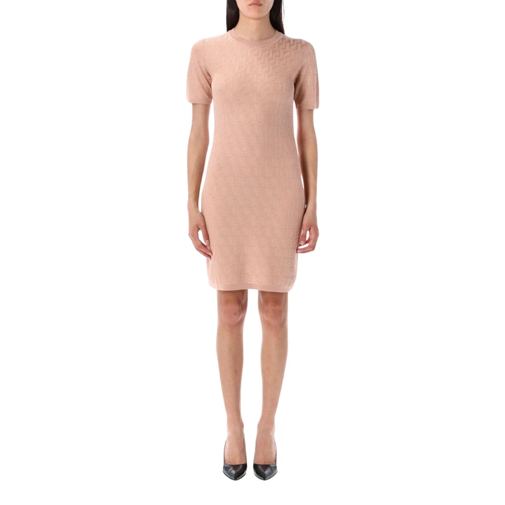 Fendi Women's Pink Short Dresses, Xs, Short Sleeve Knit Dress With Motif