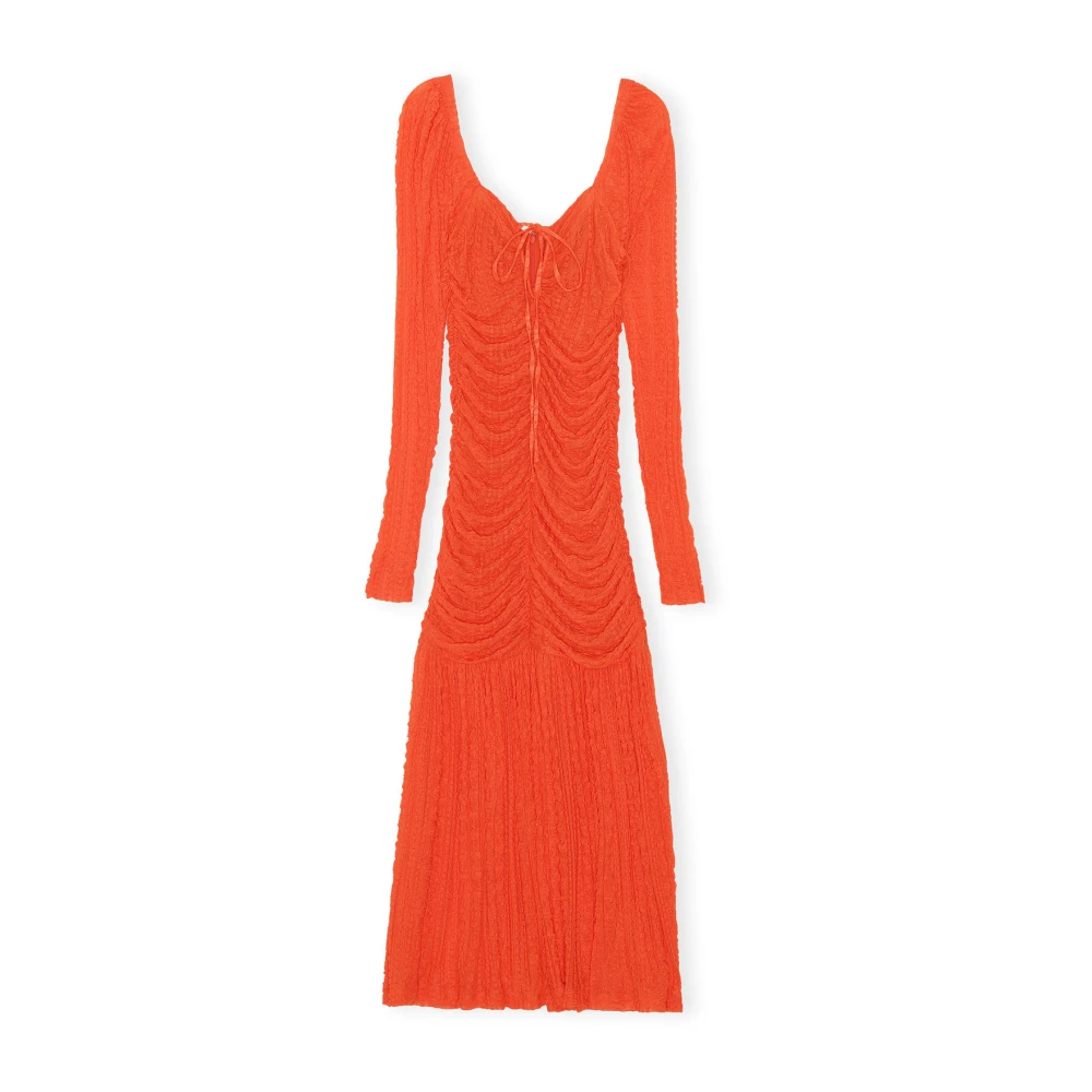 Ganni Women's Orange Midi Dresses, S, Ruched Stretch-Lace Midi Dress