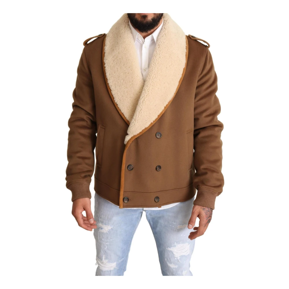 Dolce & Gabbana Men's Brown Faux Fur & Shearling Jackets, 2XL, Logo Shearling Jacket