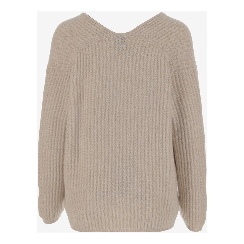 allude Geribde Cashmere V-hals Pullover Beige Dames