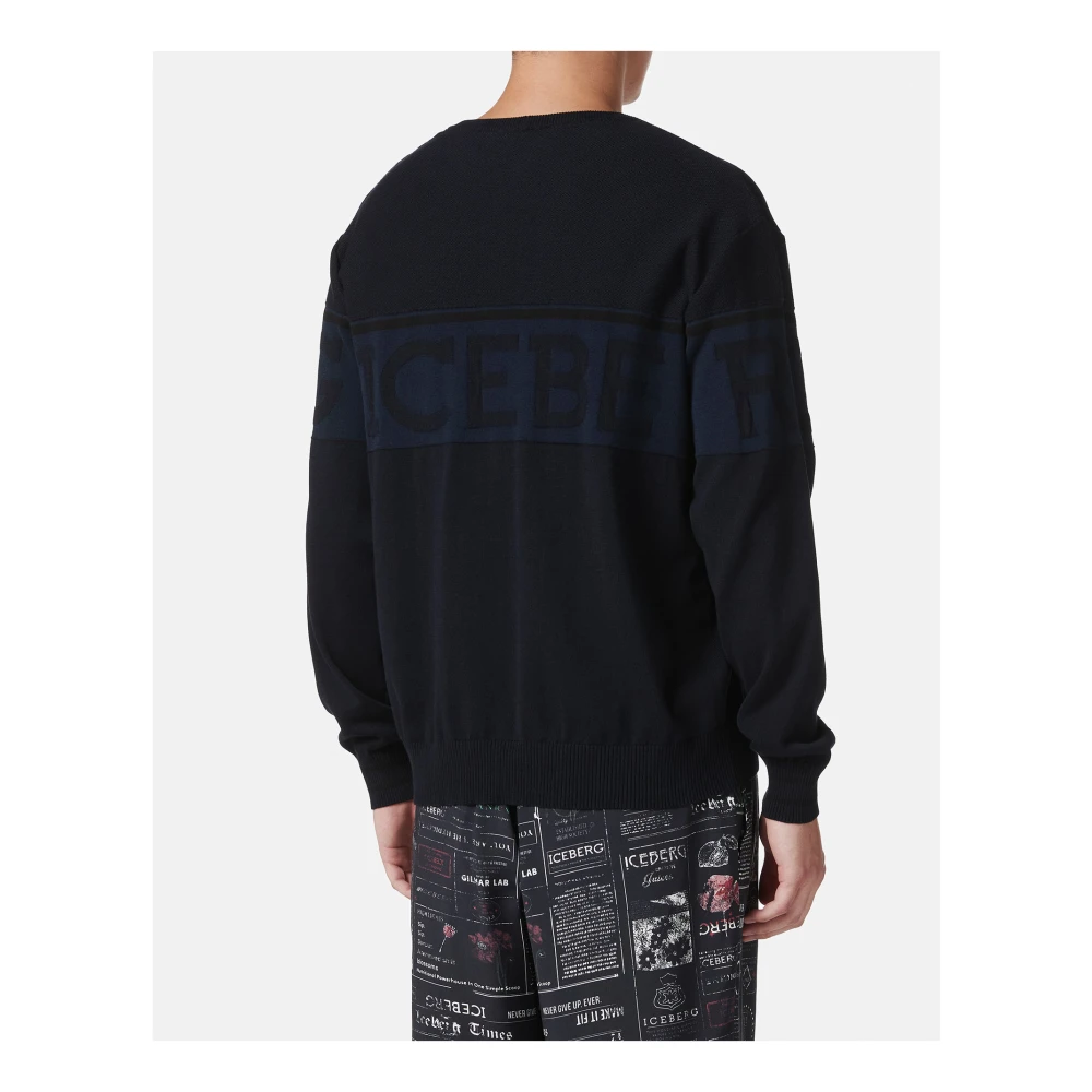Iceberg Blauwe crewneck sweater in Mak� katoen met tweekleurig jacquardwerk Blue Heren