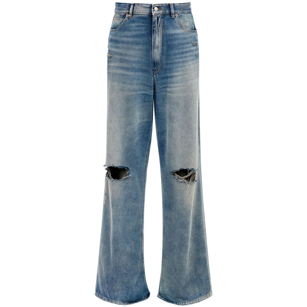 MM6 Maison Margiela Indigo Blauw Stonewashed Gescheurde Wide Leg Jeans Blue Heren