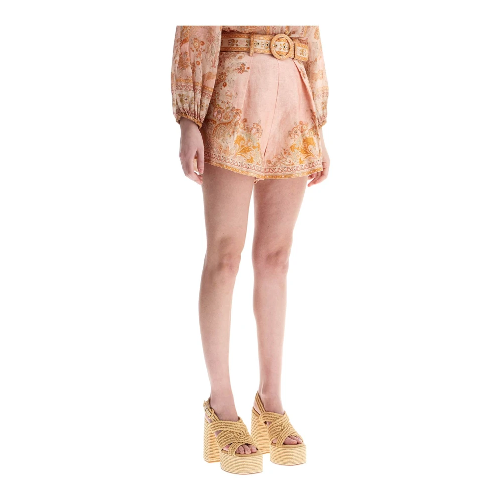 Zimmermann Bloemen Linnen Hoge Taille Shorts Beige Dames