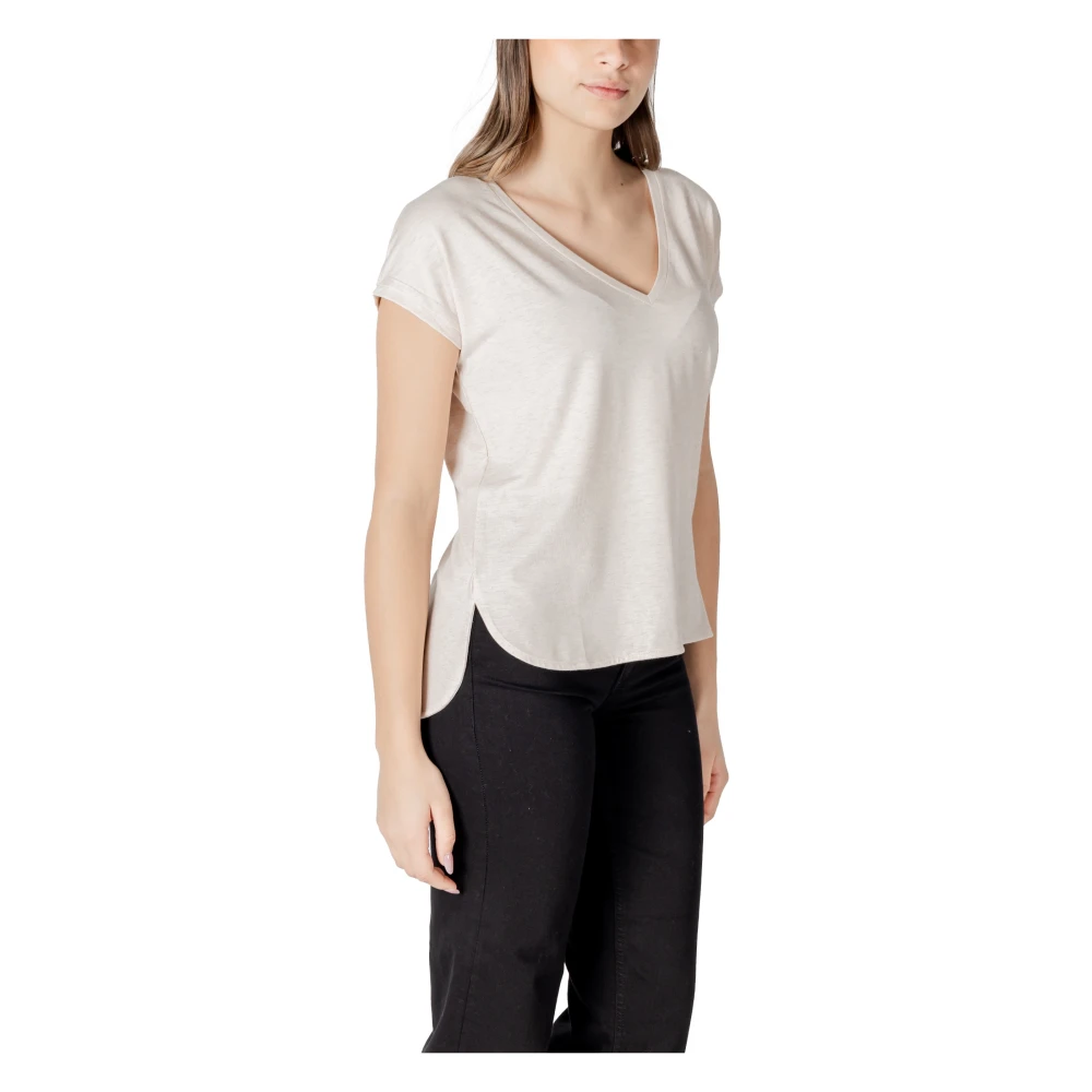 Ichi Beige V-Hals Korte Mouw T-Shirt Beige Dames