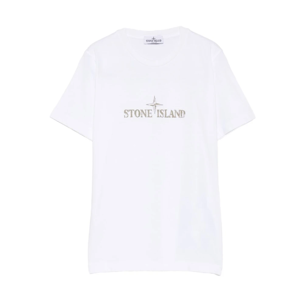 Stone Island White Kids Short Sleeve T-Shirts, Male, 10 Y, Short-Sleeve T-Shirt With Compass Patch
