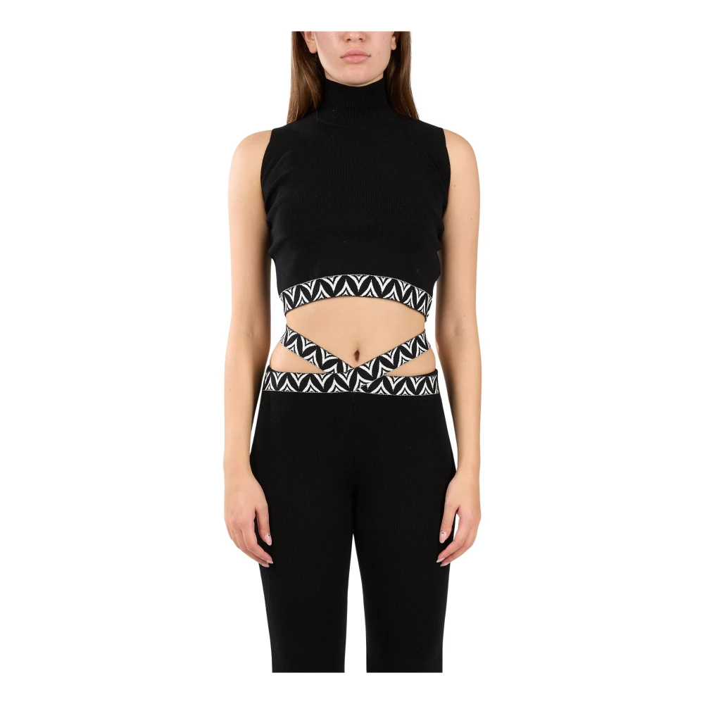 Akep Mouwloze Viscose Crop Top Jacquard Black Dames