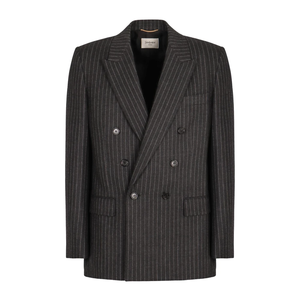 Saint Laurent Women's Gray Blazers, L, Double-Breasted Pinstripe Blazer