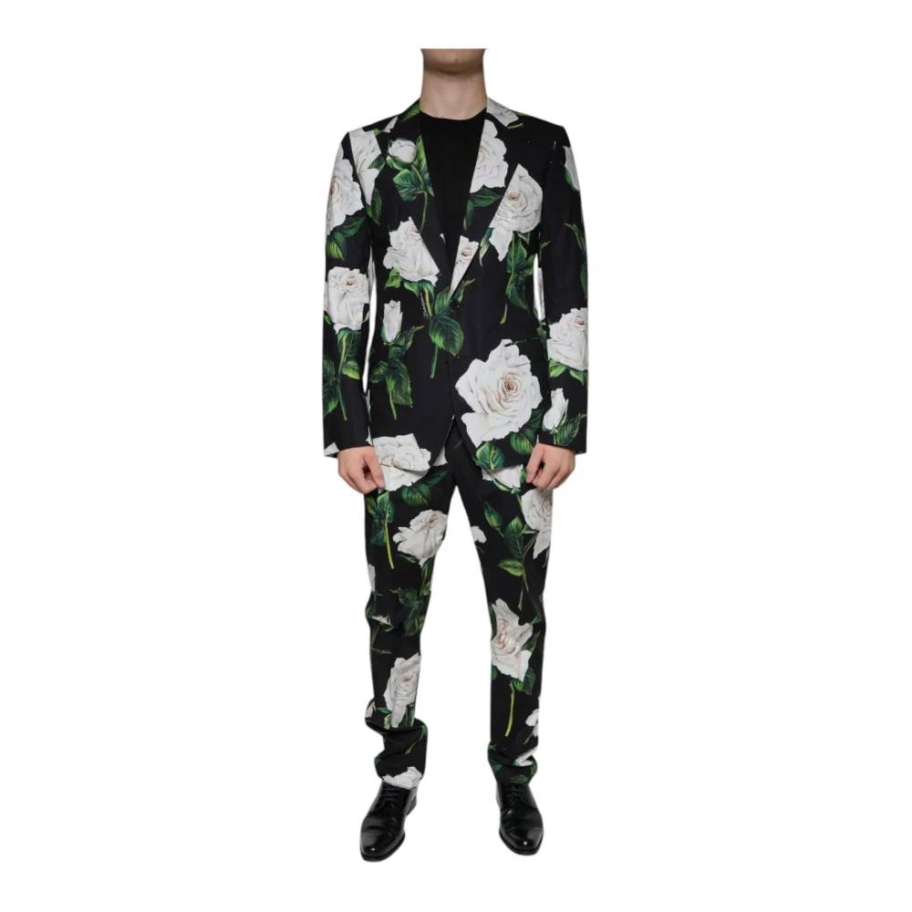 Dolce & Gabbana Men's Black Single Breasted Suits, M, Floral Print Slim Fit Suit