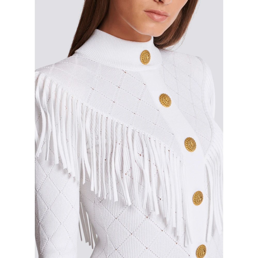 Balmain Kort gefranjerd fijngebreid jurkje White Dames