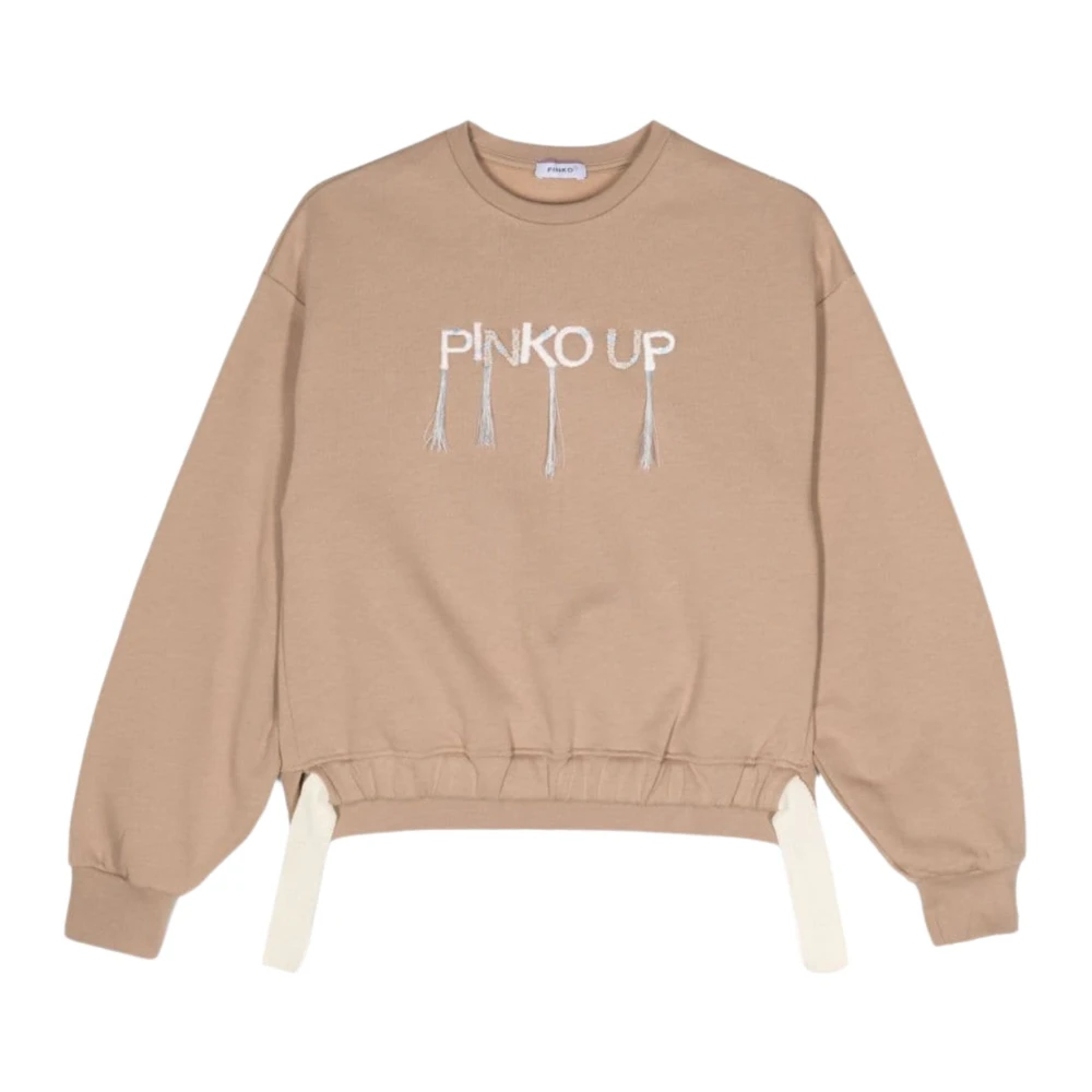 Pinko Beige Tröja Med Fransig Logotyp Broderad Beige, Flicka