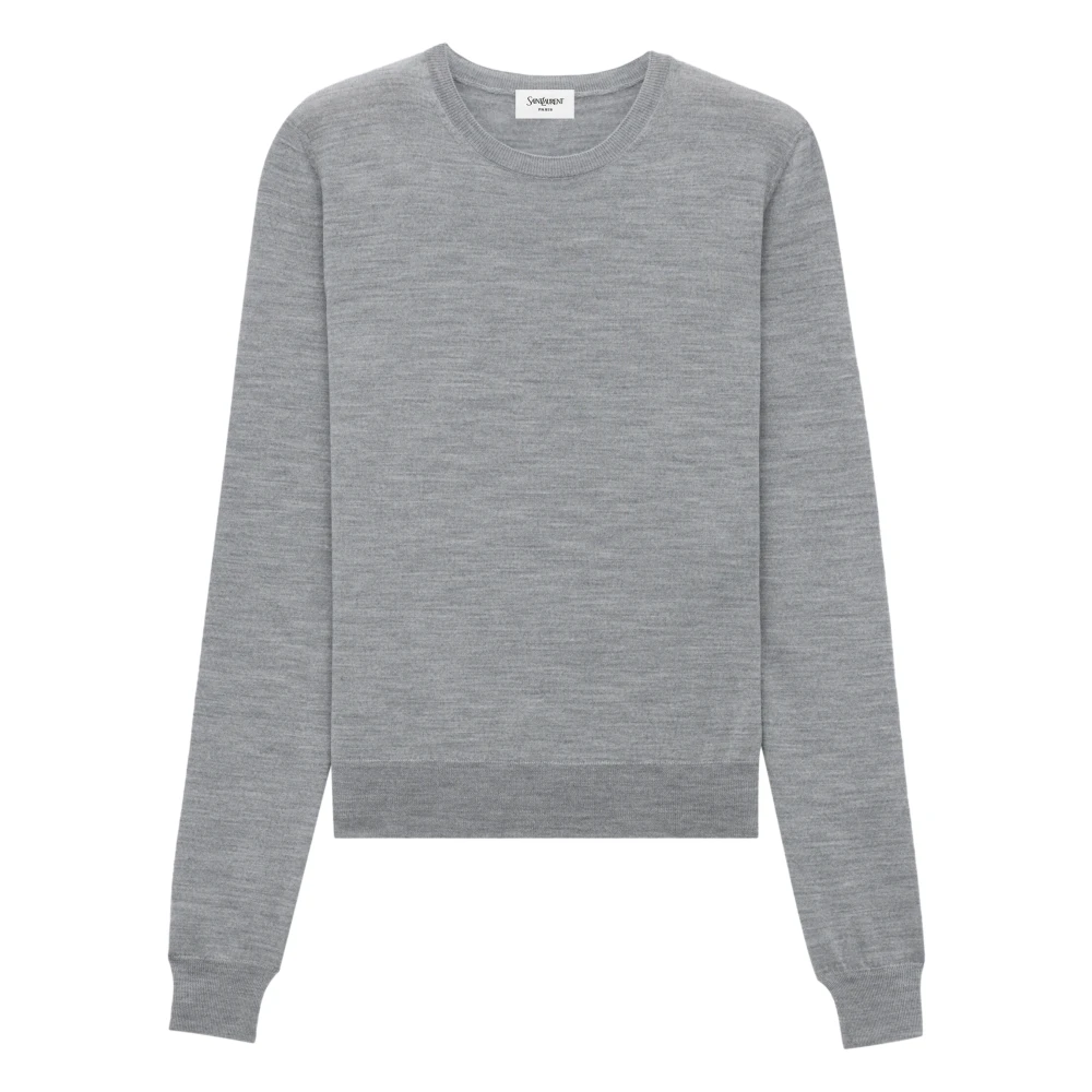 Saint Laurent Gray Round-Neck Knitwear, Female, M, Grey Wool Crew Neck Jumper