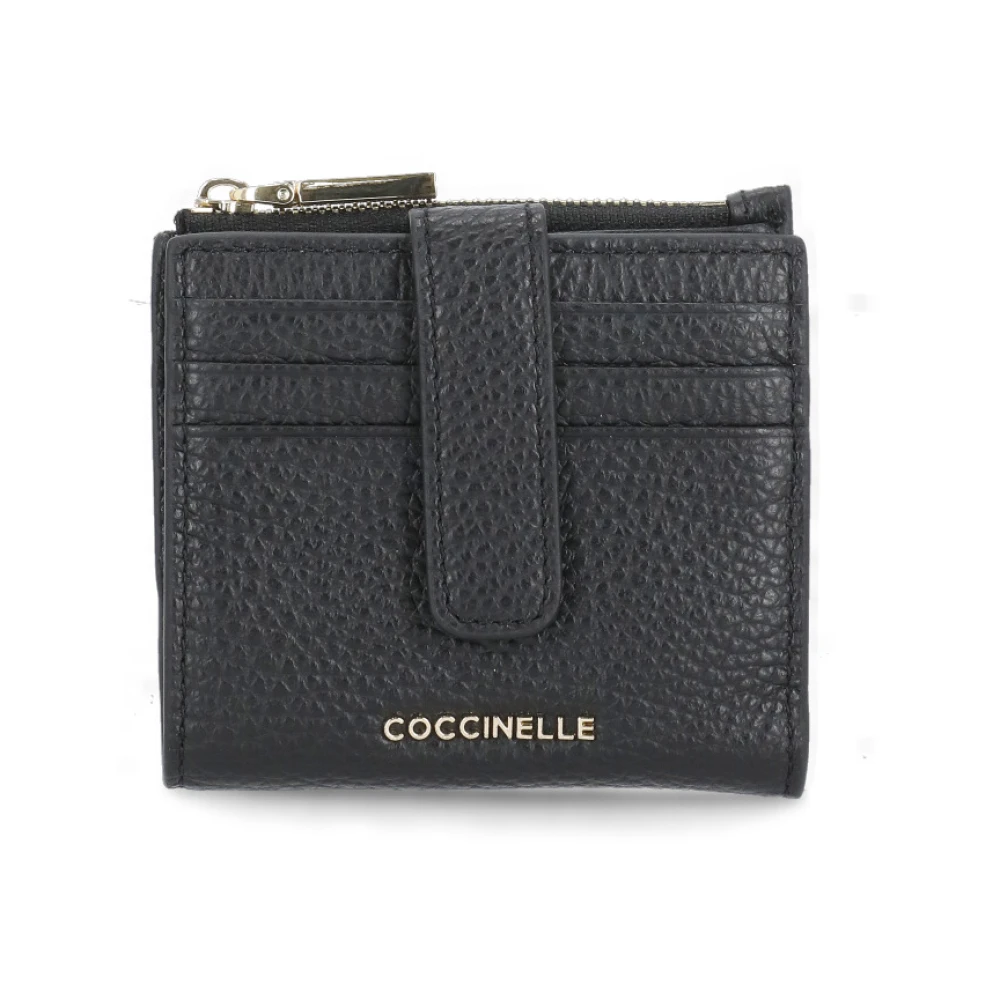 Coccinelle Zwarte Leren Portemonnee Vrouwen Knop Rits Black Dames