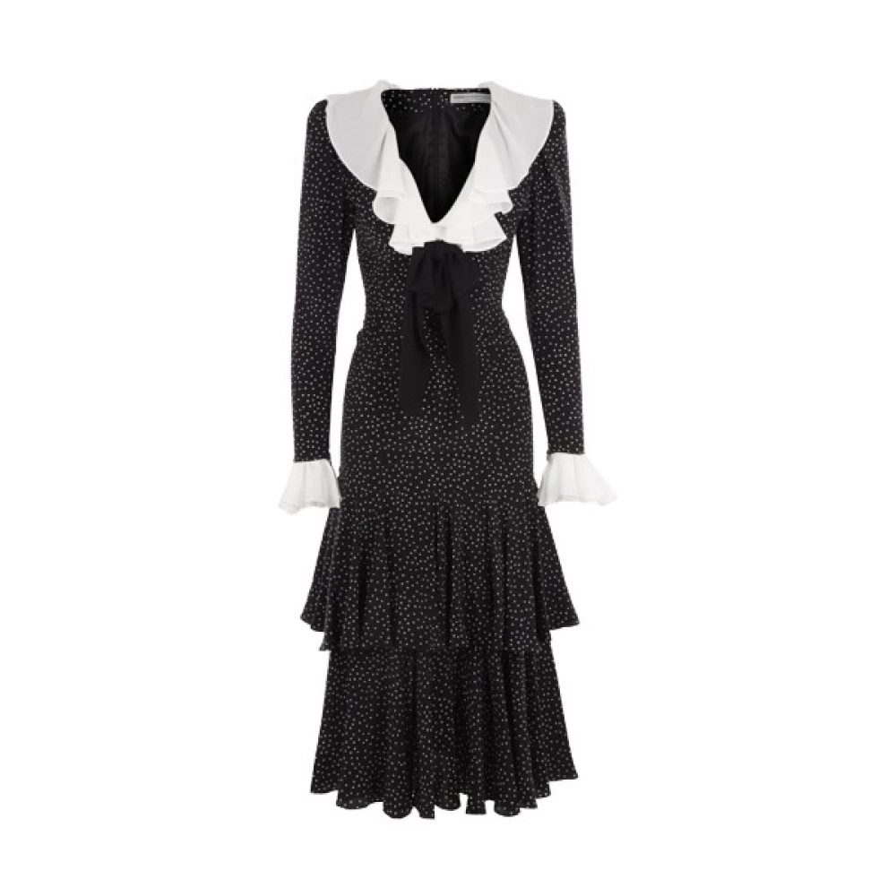 Alessandra Rich Zwarte zijden jurk met ruchekraag en polkadots Black Dames