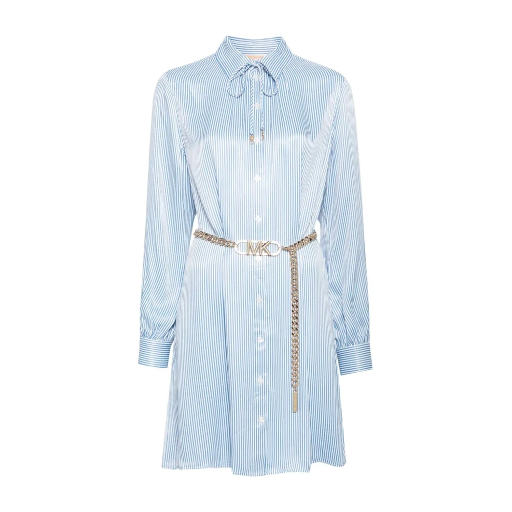 Michael Kors Pinstripe Satijnen Jurk met Ceintuur Blue Dames