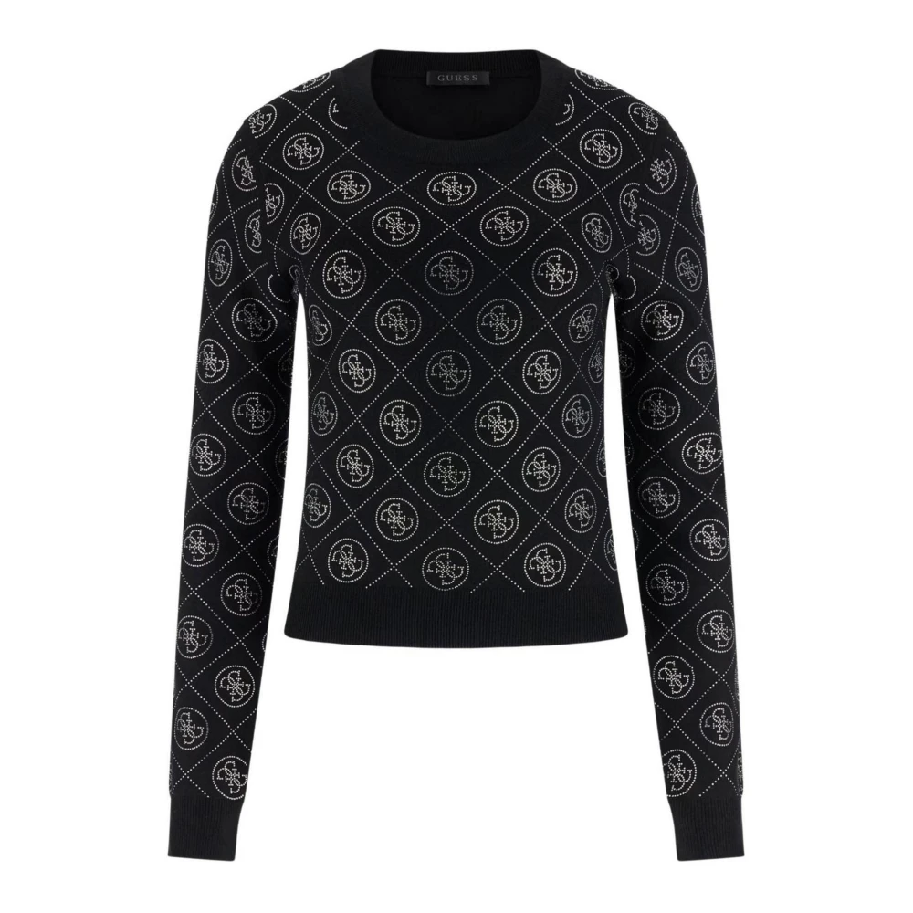 Guess Women's Black 4G Rhinestones Jumper - Round-Neck Knitwear - L - Knitwear