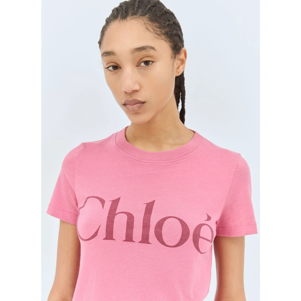 Chloé Katoen Logo T-shirt Korte Mouw Pink Dames
