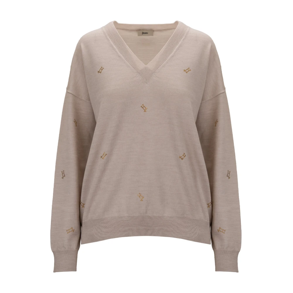 Herno Women's Beige V-Neck Knitwear, Xl, V-Neck Knitwear
